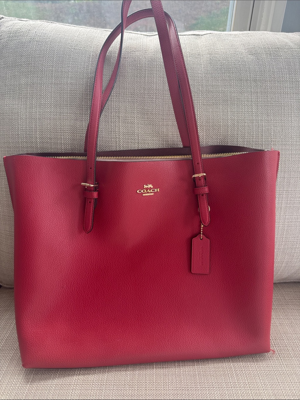 Coach Red Pebbled Leather Tote with Gold Hardware